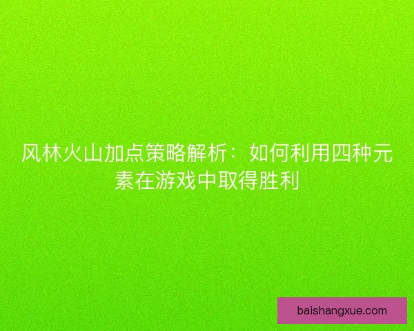 风林火山加点策略解析：如何利用四种元素在游戏中取得胜利